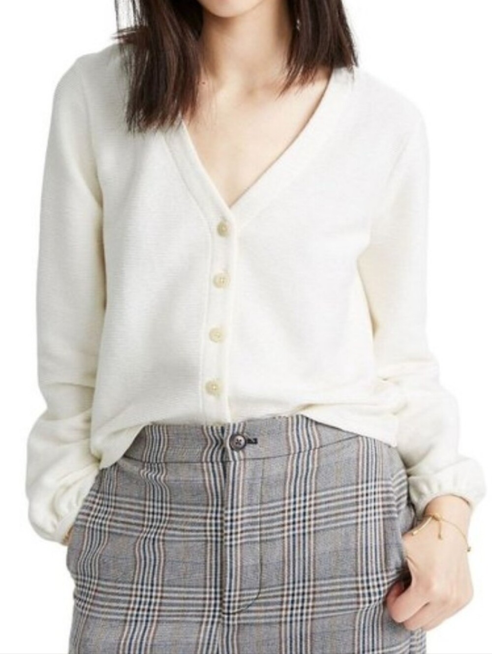 Soft Ivory Madewell Button Long Balloon Sleeve Top Cotton  Cardigan Shirt Medium